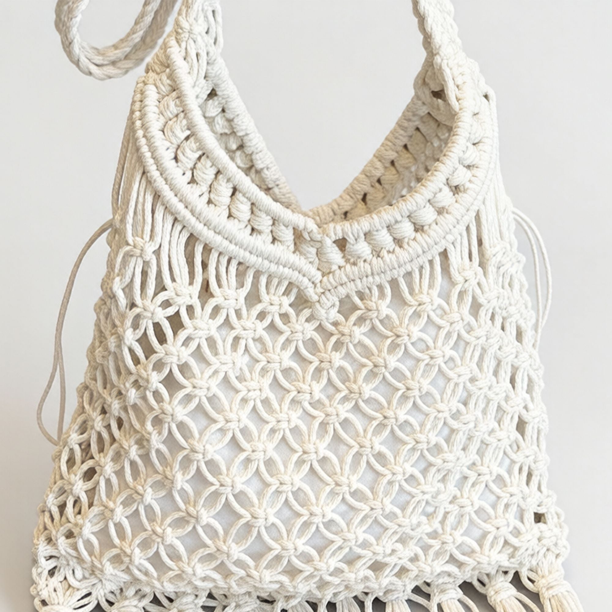 Crochet Fringe Shoulder Bag Open Knit Boho Tassel Handbag Lightweight Woven Crossbody Tote