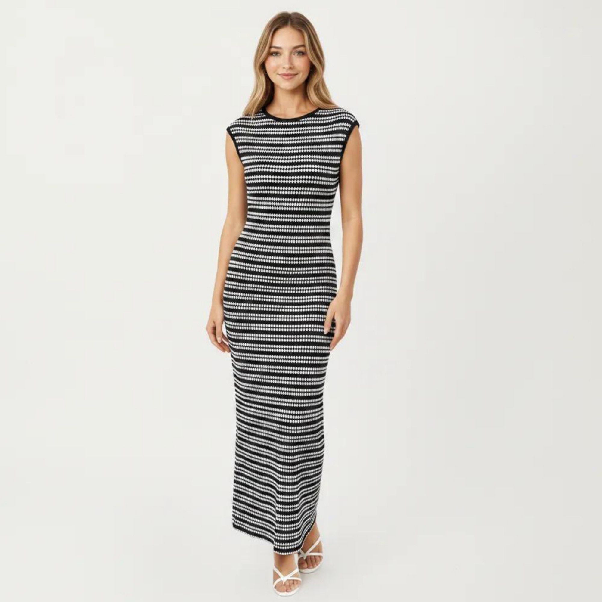 Anna-Kaci Women's Sleeveless Crew Neck Striped Knit Column Maxi Dress