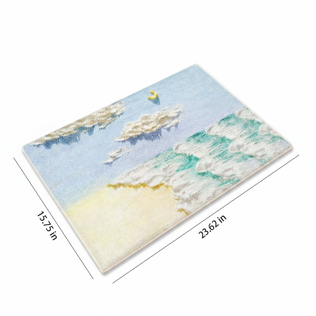 Tufted Floor Mat with Ocean Wave and Cloud Design Non Slip Backing Soft Plush Decorative Indoor Rug