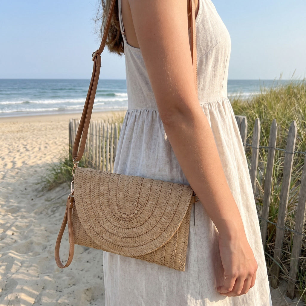 Woven Straw Crossbody Clutch Bag with Flap Closure Adjustable Strap Lightweight Shoulder Handbag