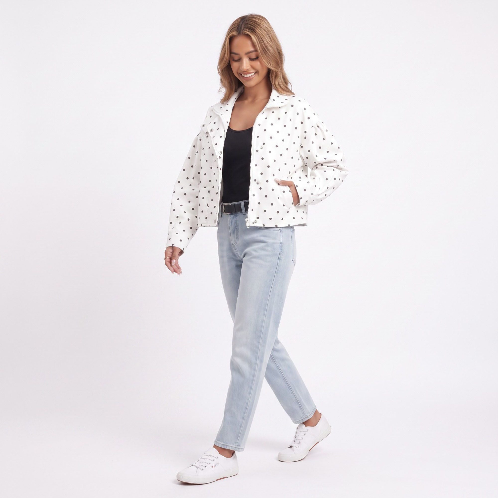 Polka Dot Stand Collar Cropped Jacket Snap Front Relaxed Fit Long Sleeve
