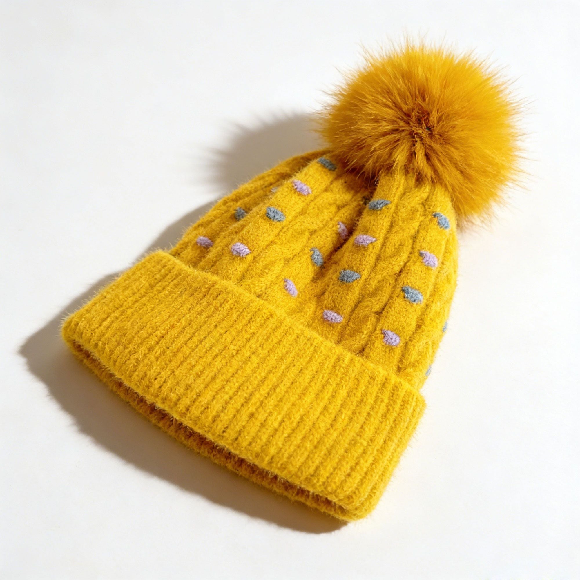 Anna-Kaci Women's Knit Beanie with Large Faux Fur Pom-Pom - Winter Hat with Embroidered Accents