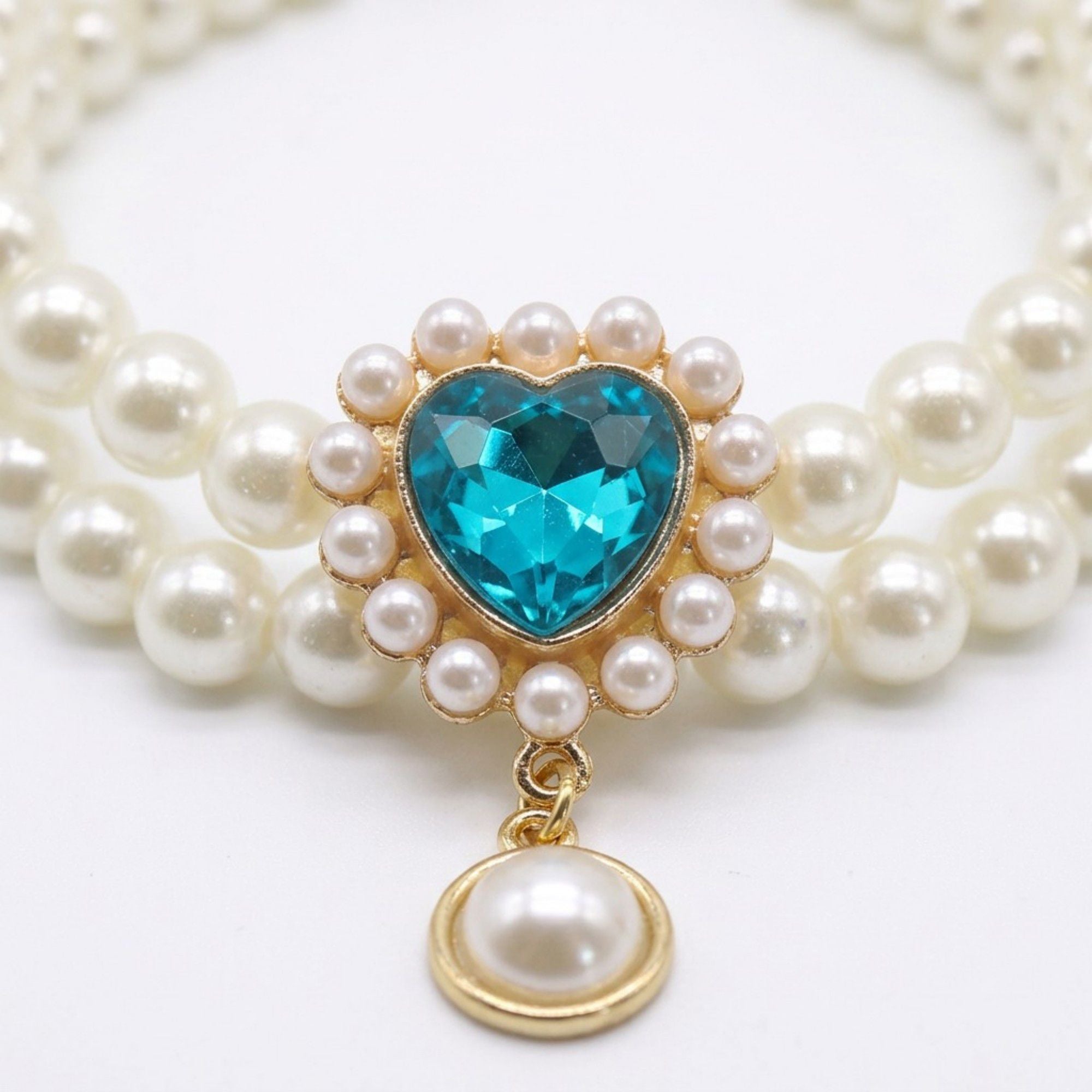 Double Strand Faux Pearl Pet Necklace Heart Gem Pendant Adjustable Collar Jewelry for Cats and Small Dogs