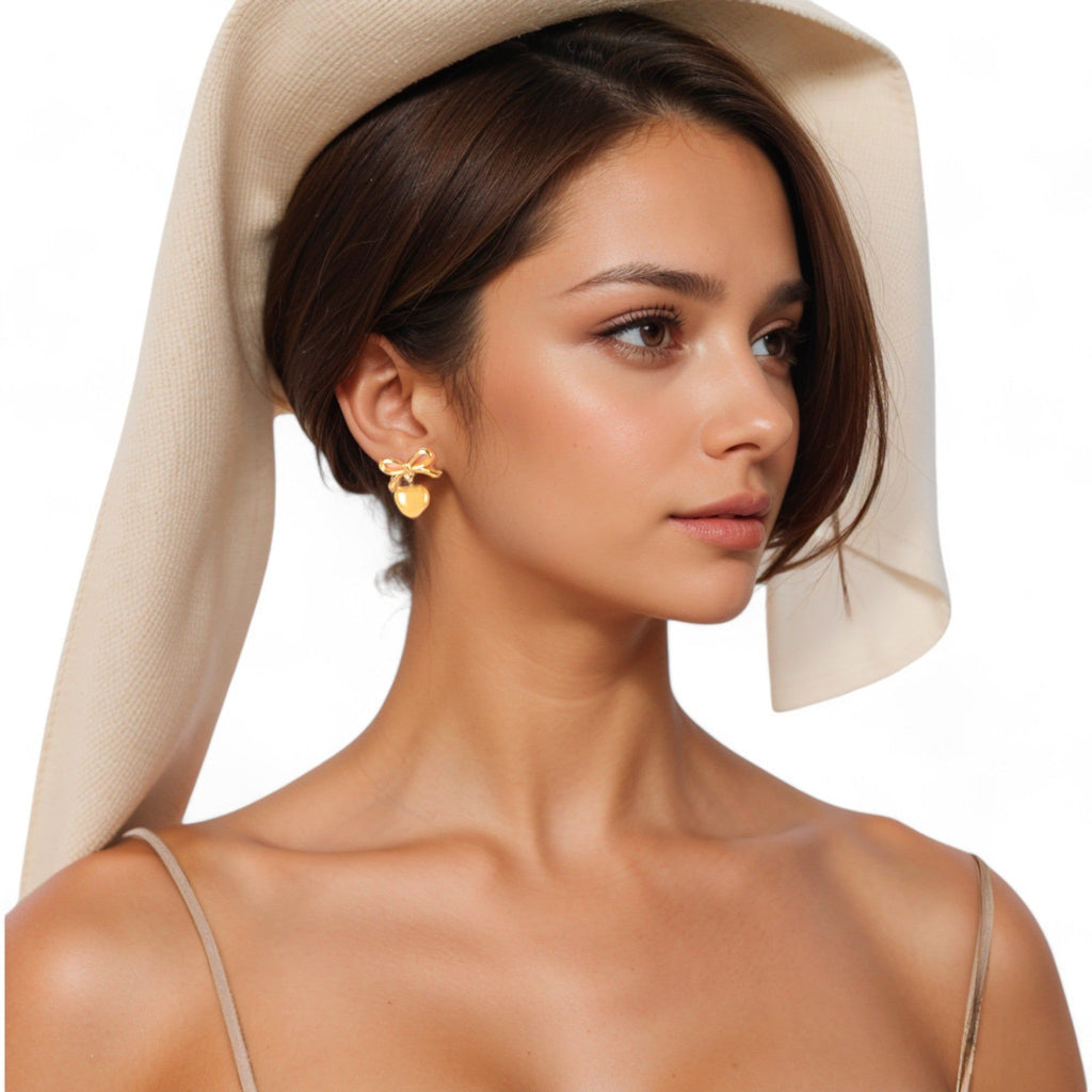 Women's Bow Dangle Heart Drop Fashion Earrings Gold Tone Playful Love Design