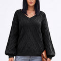 Cable Knit V-Neck Balloon Sleeve Sweater