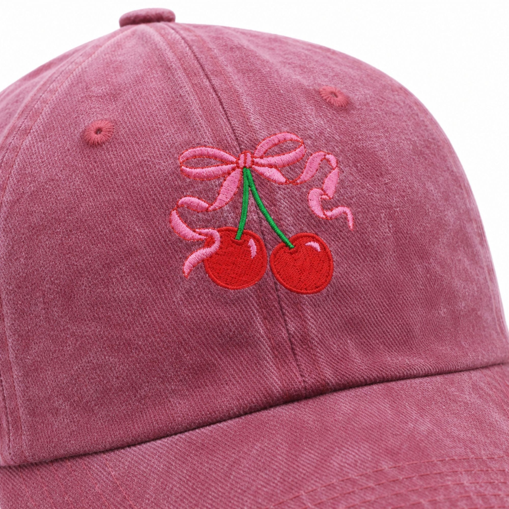 Washed Cotton Baseball Cap Cherry Bow Embroidered Adjustable Dad Hat