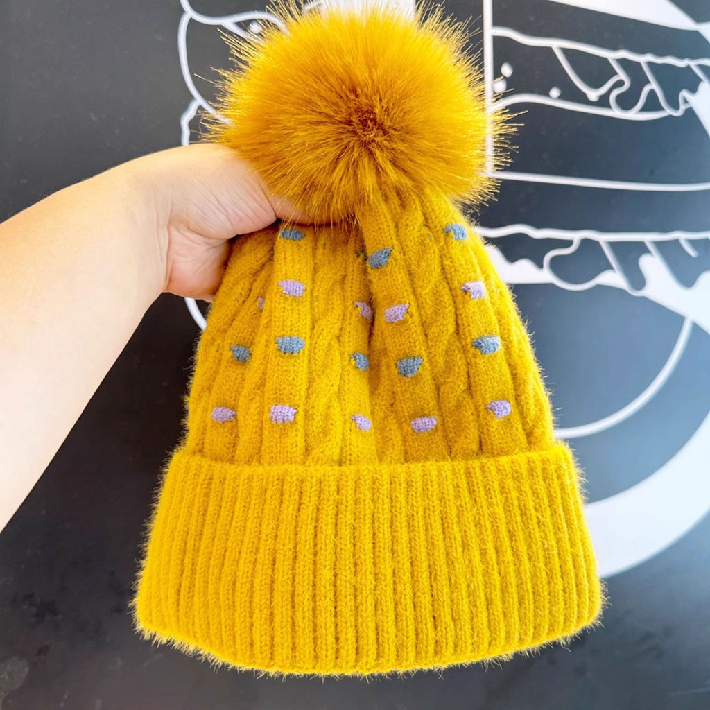 Anna-Kaci Women's Knit Beanie with Large Faux Fur Pom-Pom - Winter Hat with Embroidered Accents