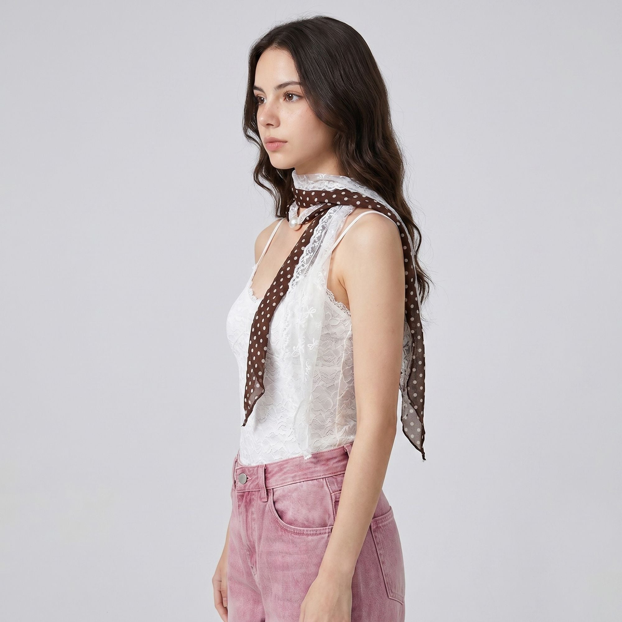 Sheer Skinny Scarf with Lace Trim Faux Pearl Accent and Long Neck Tie Design