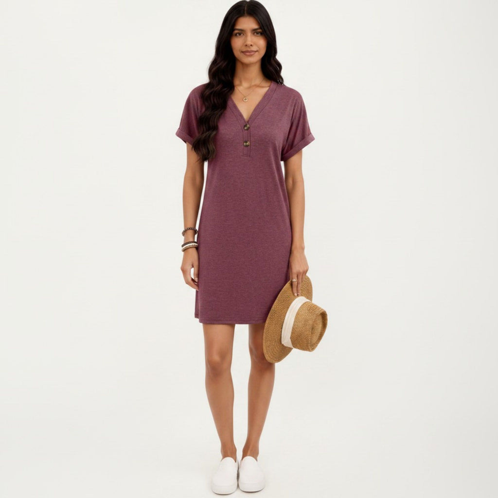 Anna-Kaci Women's Short Sleeve V Neck Shift Dress with Button Detail Relaxed Fit Casual Tunic Dress
