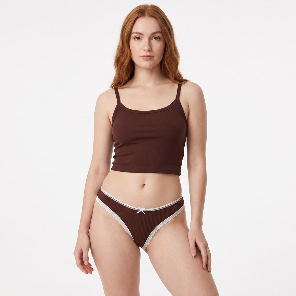 Anna-Kaci Womens 2 Pack Ribbed Lace Trim Thong Underwear