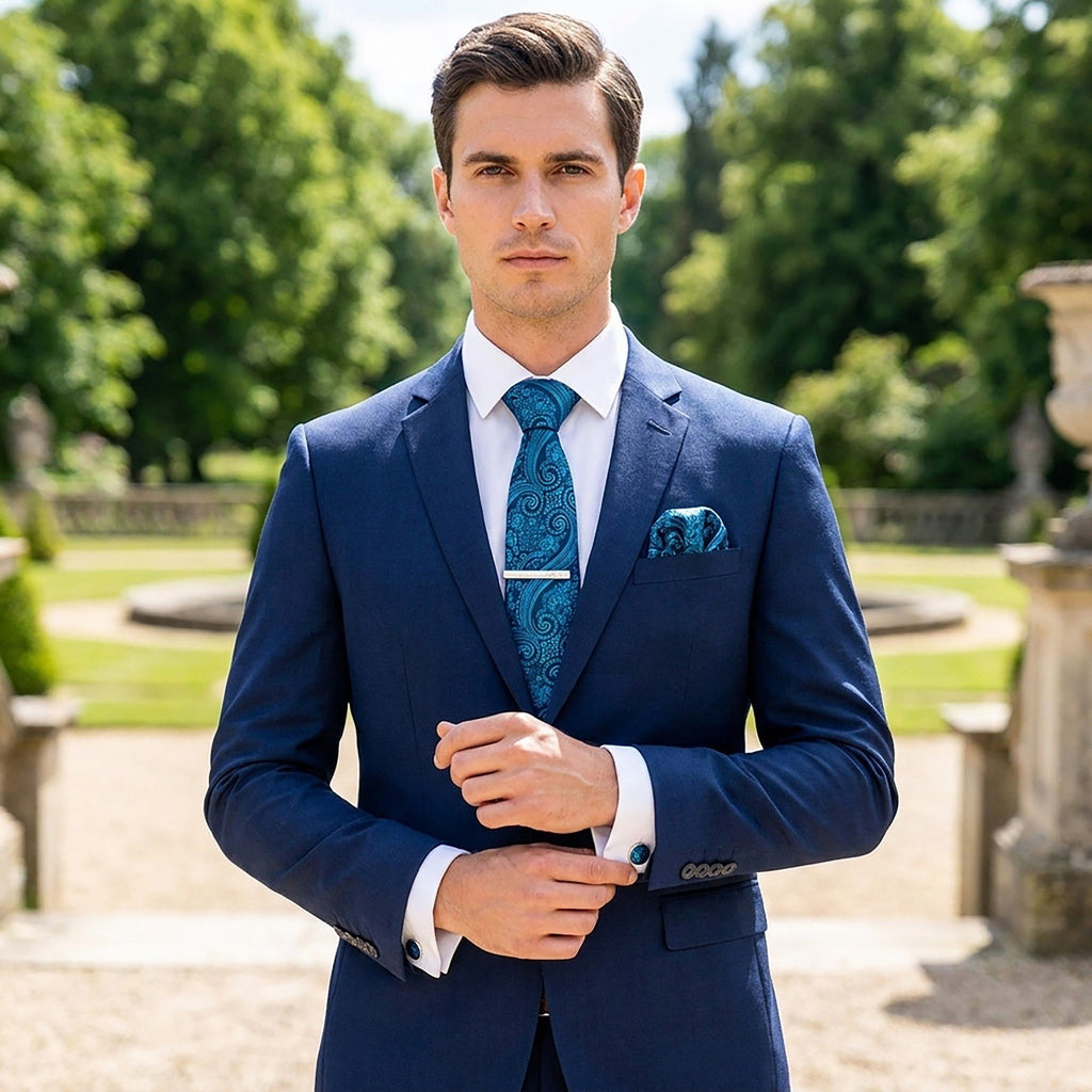 Men's Floral Pattern Tie Gift Set with Matching Pocket Square Cufflinks and Silver Tie Clip