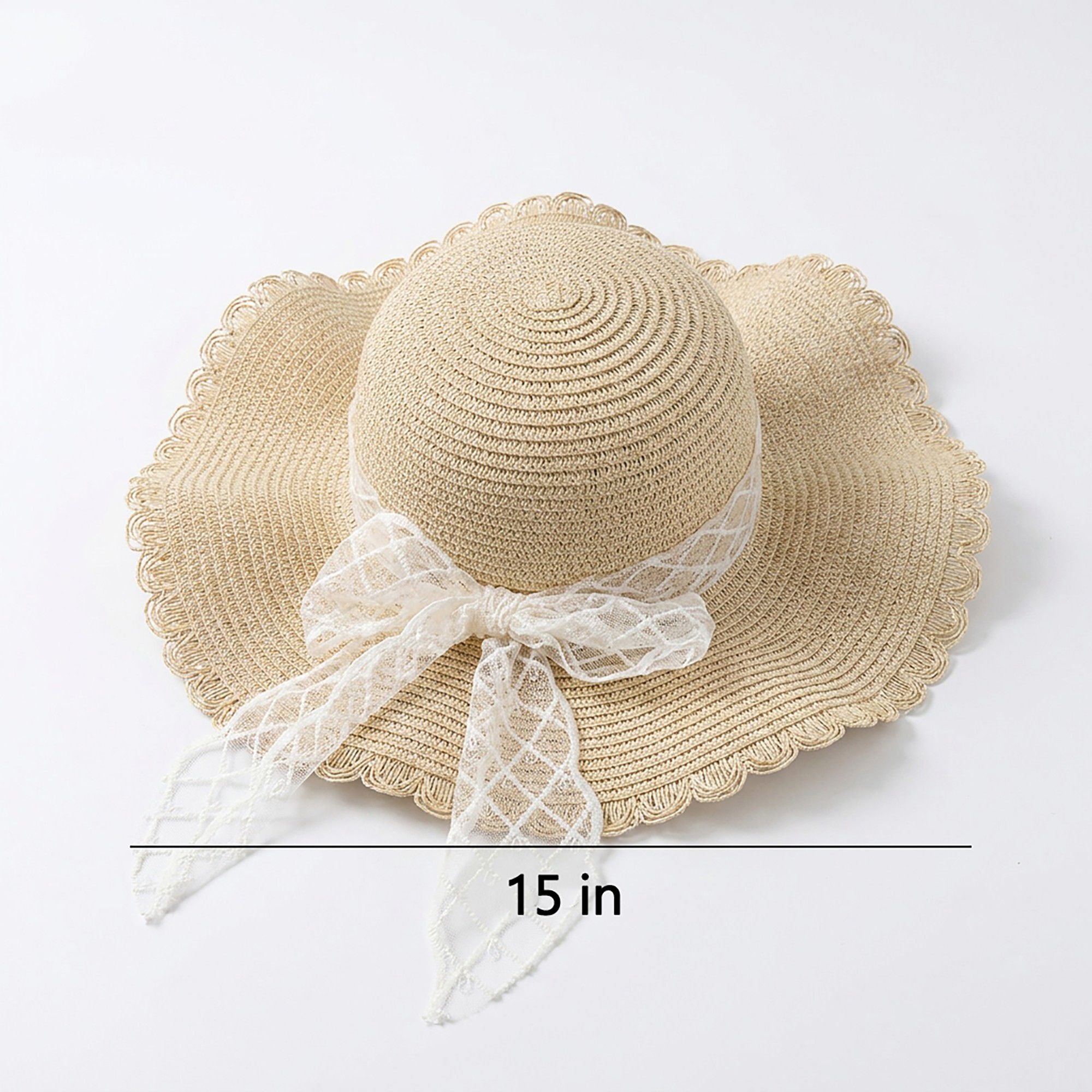Wide Brim Straw Sun Hat with Sheer Bow Accent and Scalloped Edge