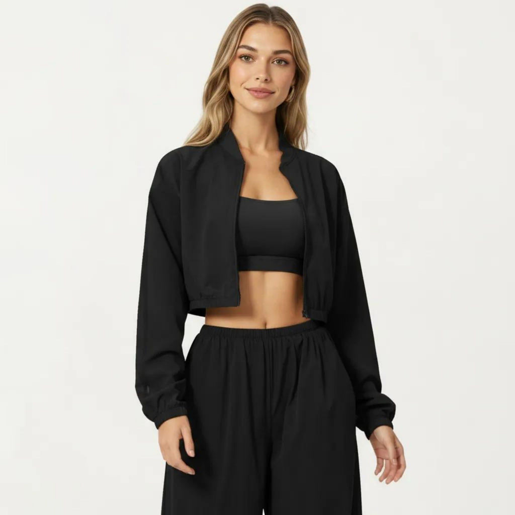 Anna-Kaci Active Women's Cropped Zip Front Jacket with Elastic Hem and Long Sleeves
