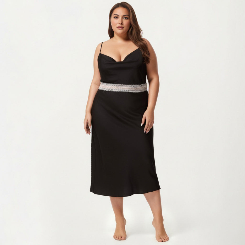 Anna-Kaci Lounge Women's Plus Size Satin Slip Dress with Lace Waist Detail Adjustable Spaghetti Straps Midi Sleepwear Nightgown