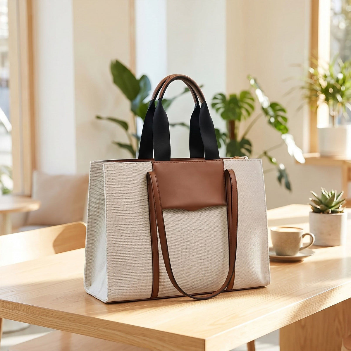 Large Structured Tote Bag with Dual Handles and Front Pocket for Work and Travel