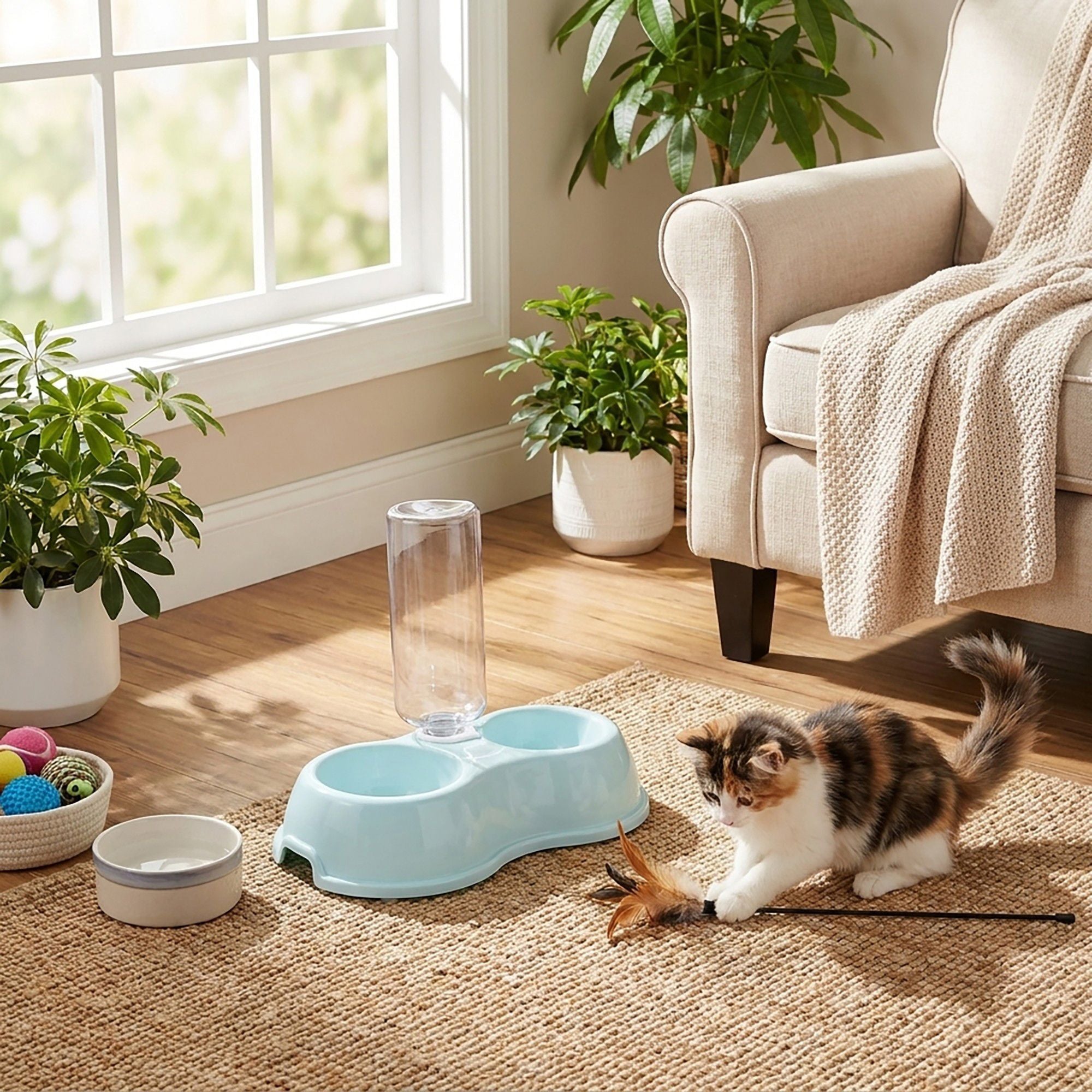 Plastic Double Pet Bowl with Gravity Water Bottle Feeder