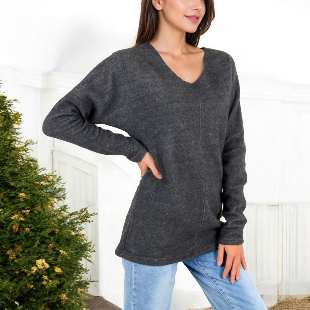 Anna-Kaci Women's Long Sleeve V-Neck Tunic Sweater with Seam Detail