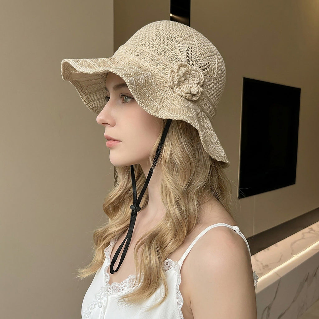 Crochet Wide Brim Sun Hat with Floral Accent Scalloped Edge and Chin Strap