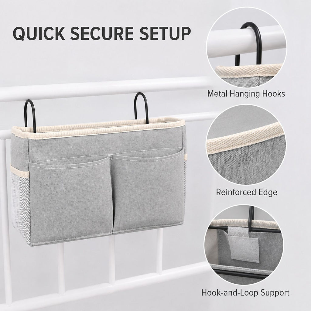 Hanging Bedside Storage Caddy with Hooks and Multiple Pockets Bed Rail Organizer