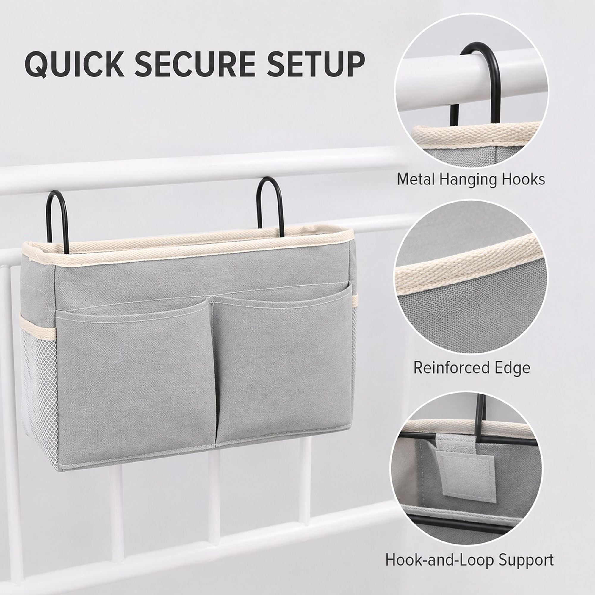 Hanging Bedside Storage Caddy with Hooks and Multiple Pockets Bed Rail Organizer
