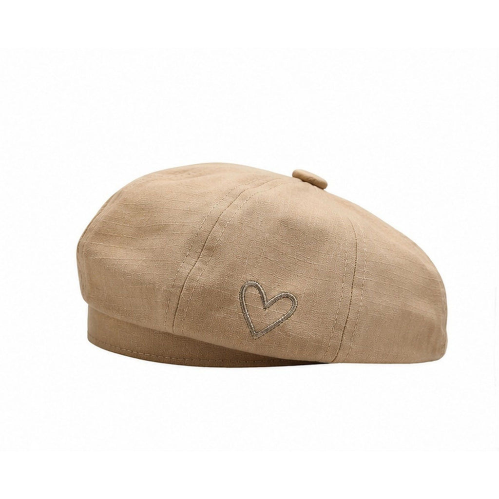 Heart Embroidered Newsboy Cap Textured Baker Boy Hat