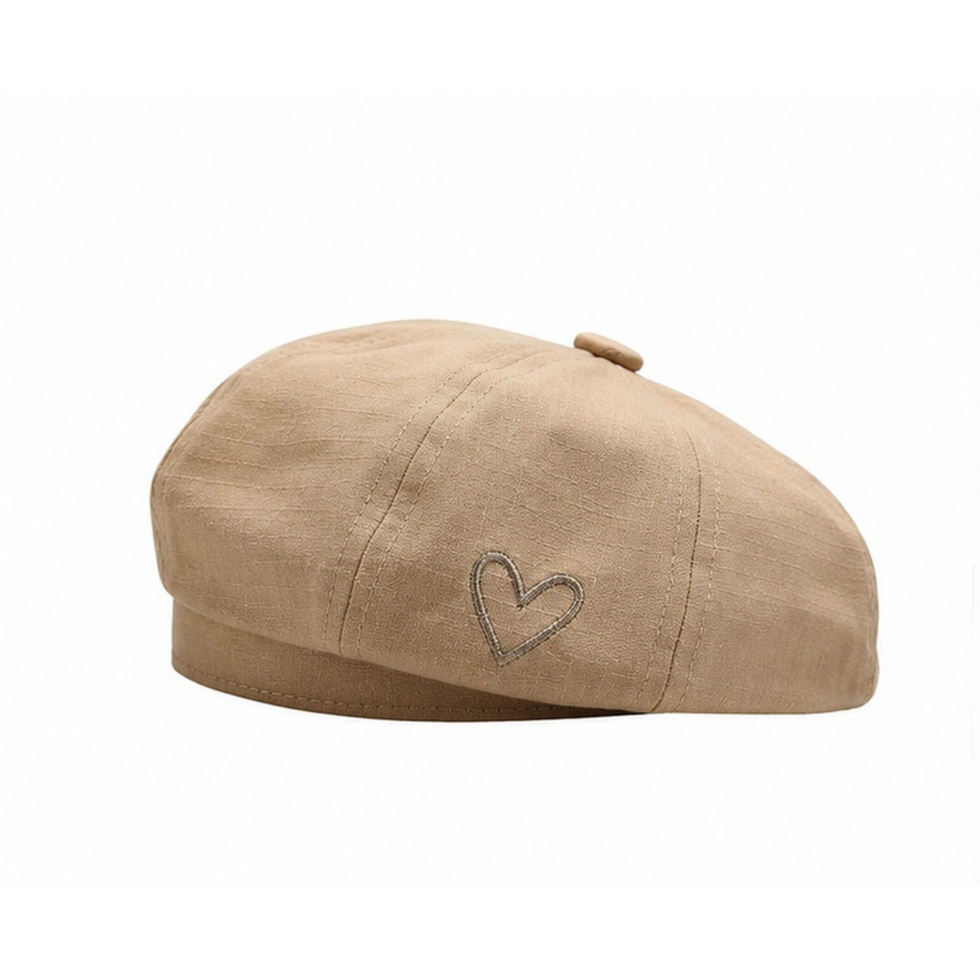 Heart Embroidered Newsboy Cap Textured Baker Boy Hat