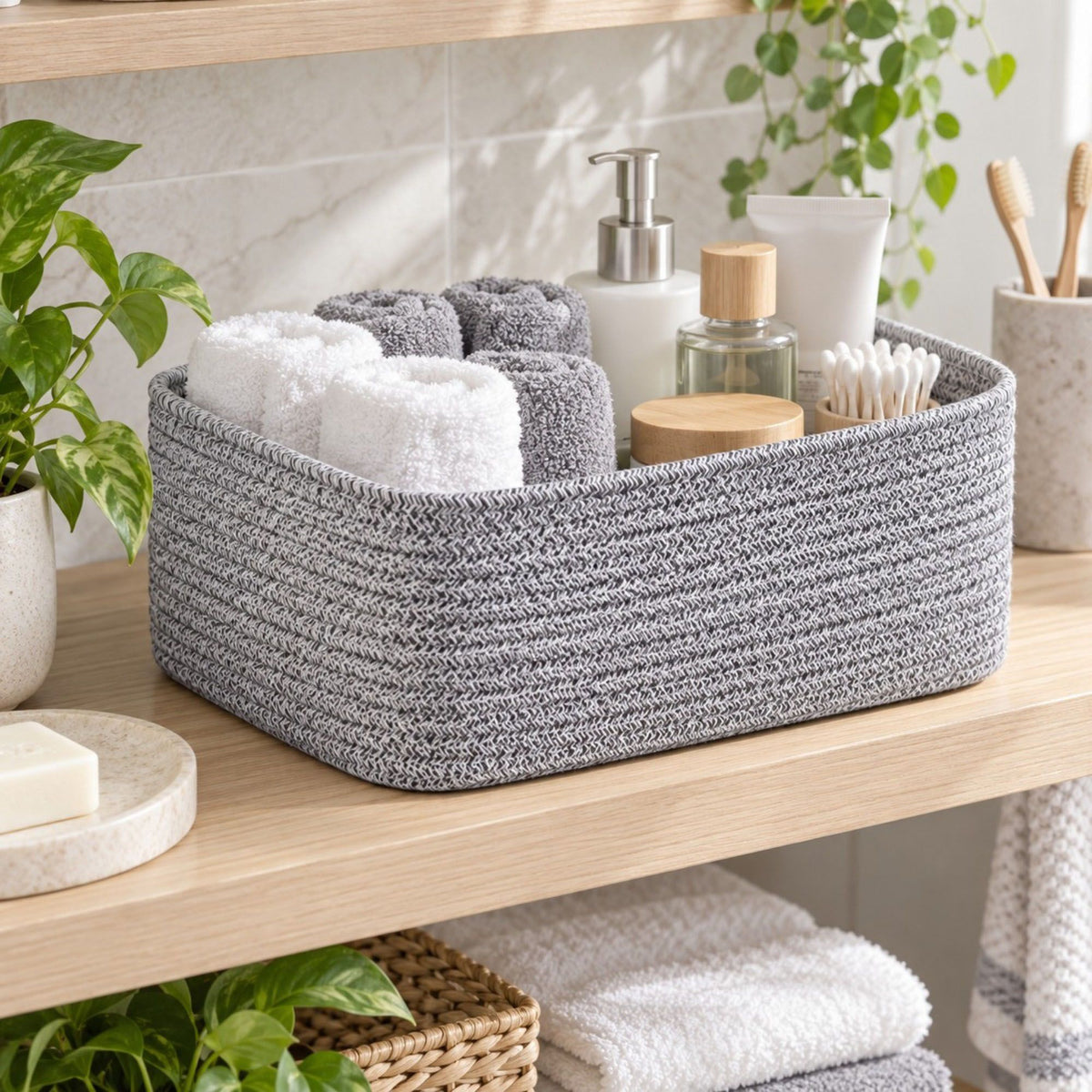 3 Piece Rectangular Woven Cotton Cord Desktop Storage Basket Set