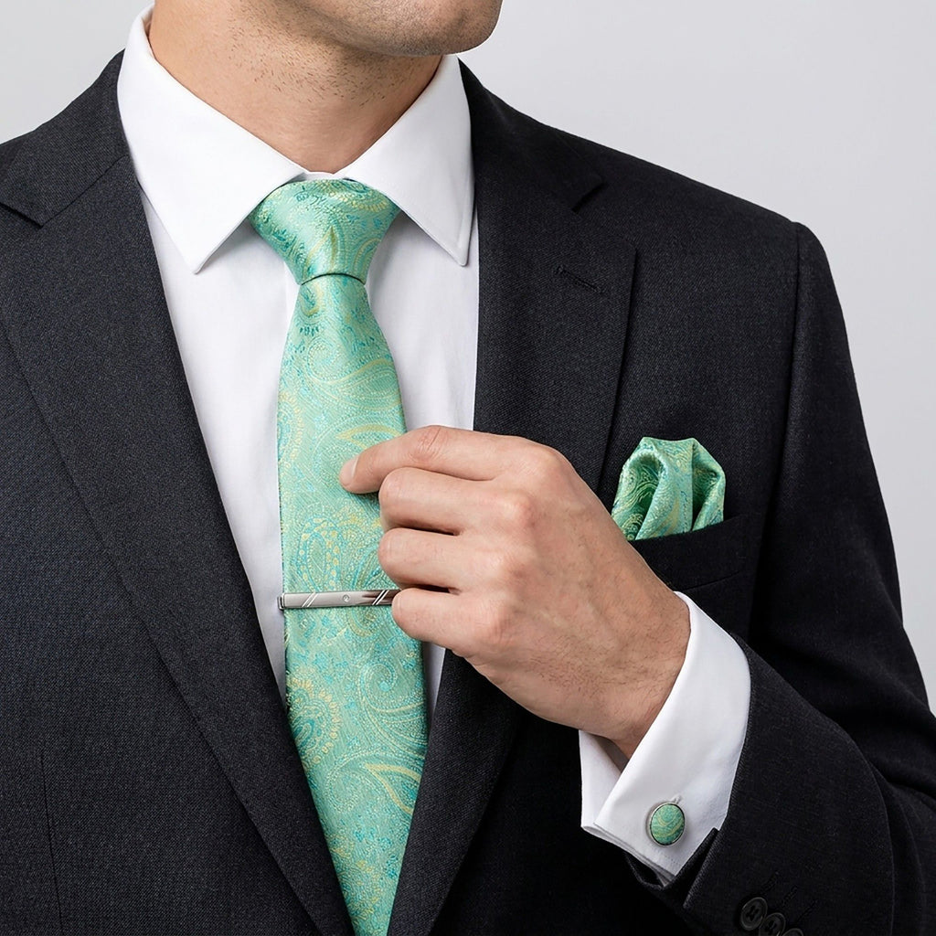 Men's Baroque Floral Tie Gift Set with Matching Pocket Square Cufflinks and Silver Tie Clip