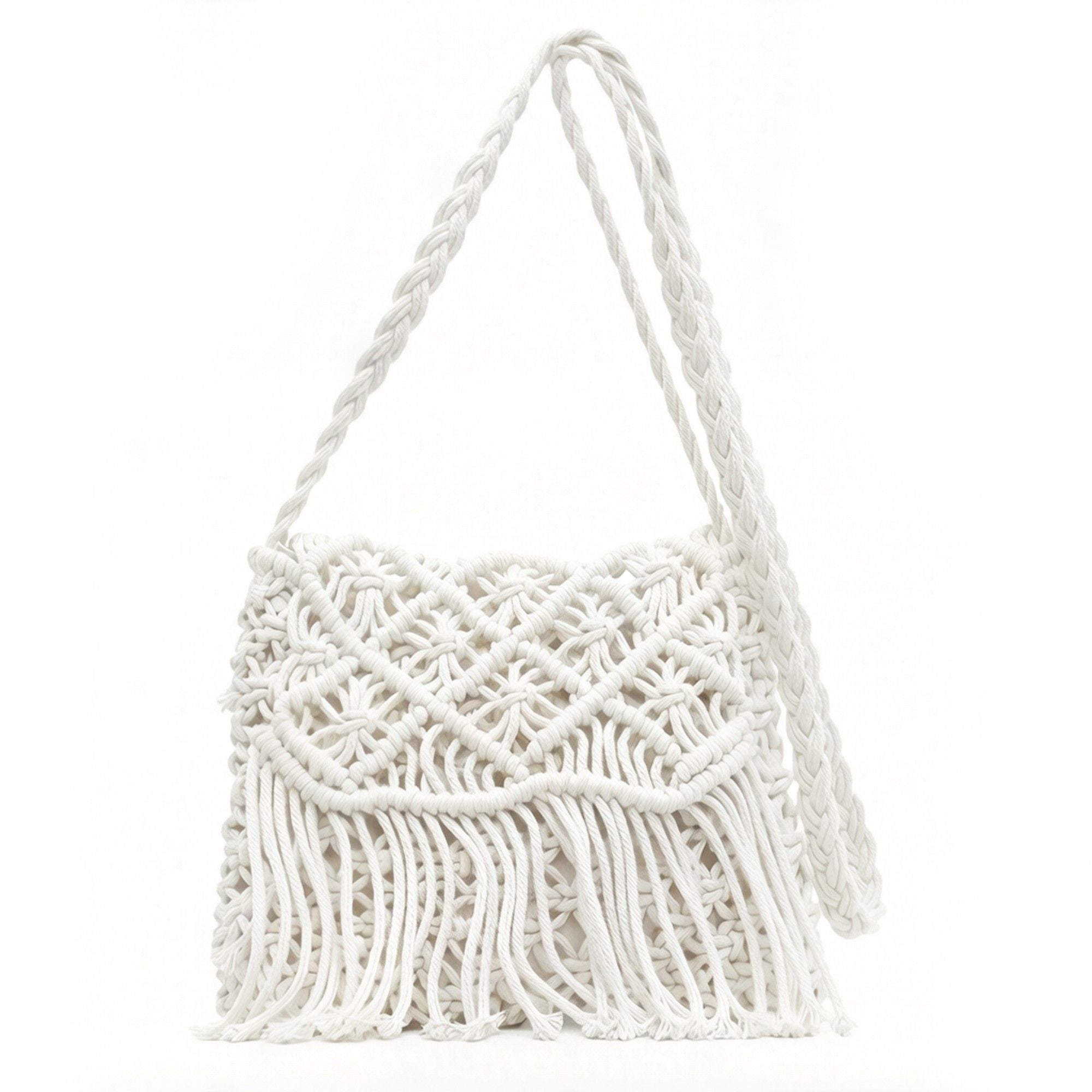 Macrame Fringe Shoulder Bag Knotted Rope Crossbody Handbag Boho Woven Tassel Bag Lightweight Handmade Style Purse