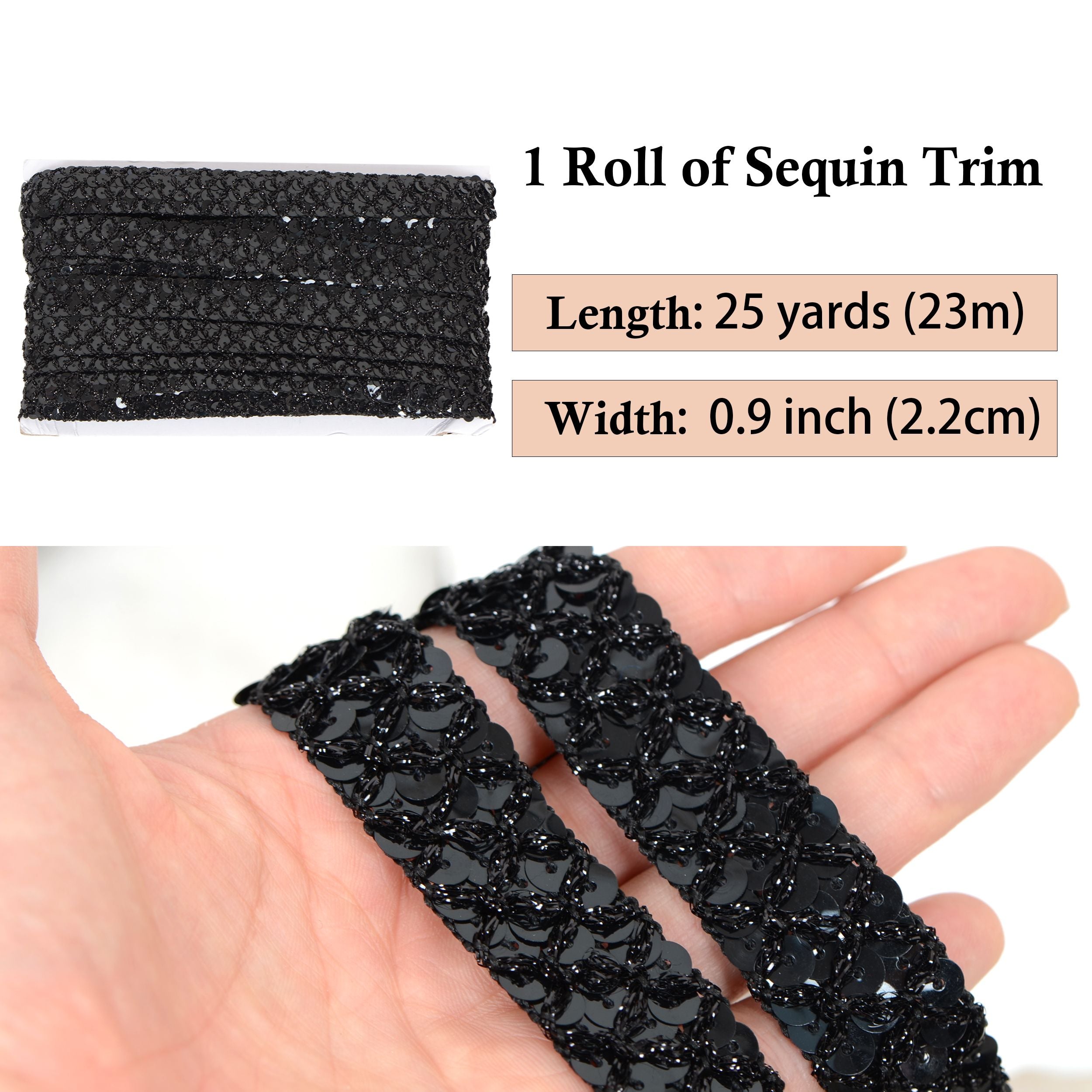 Sewing Sequin Trim 0.9 Inch 4 Row, 25 Yards Glitter Sequin Ribbon Metallic Stretch Bling Strip DIY Craft Decoration