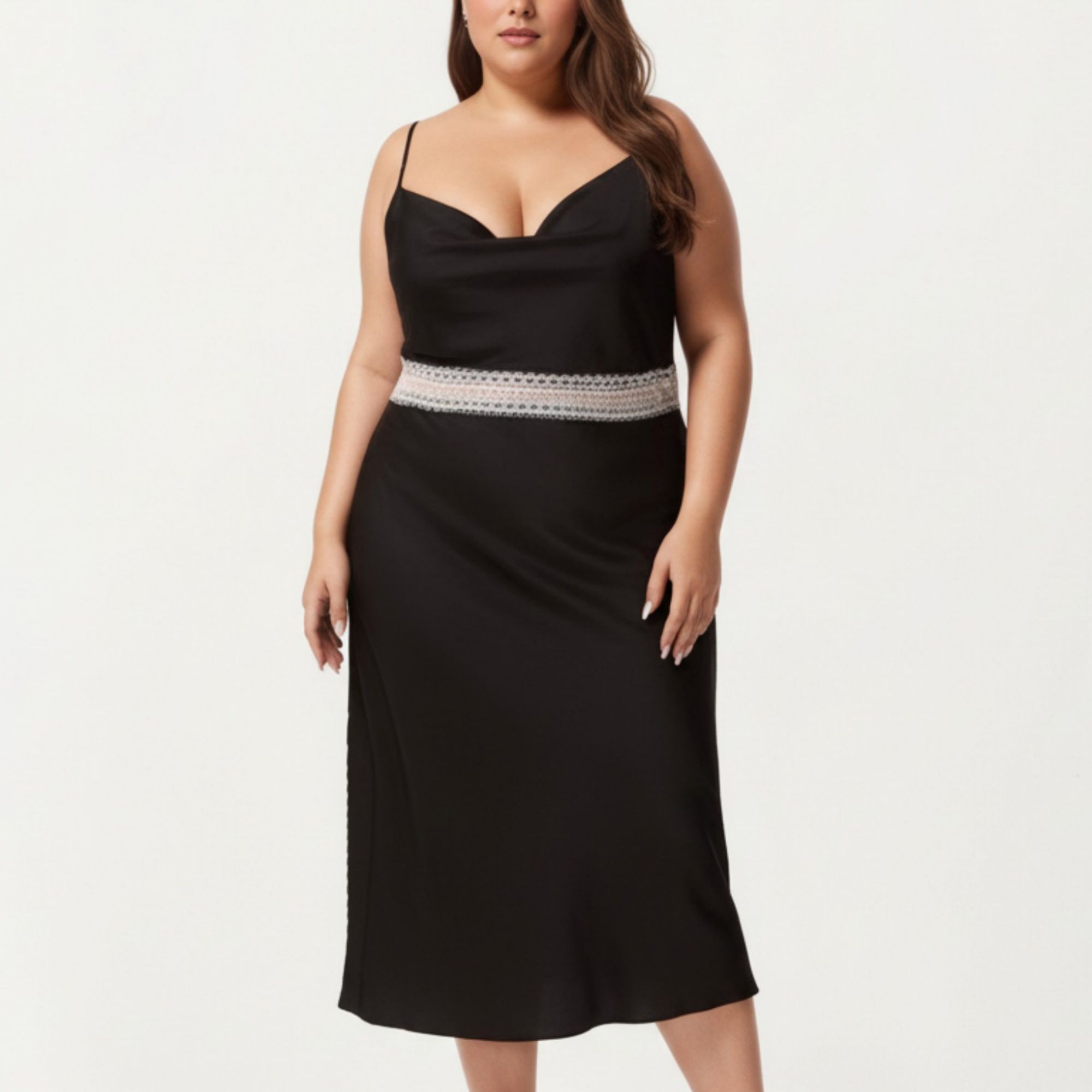 Anna-Kaci Lounge Women's Plus Size Satin Slip Dress with Lace Waist Detail Adjustable Spaghetti Straps Midi Sleepwear Nightgown