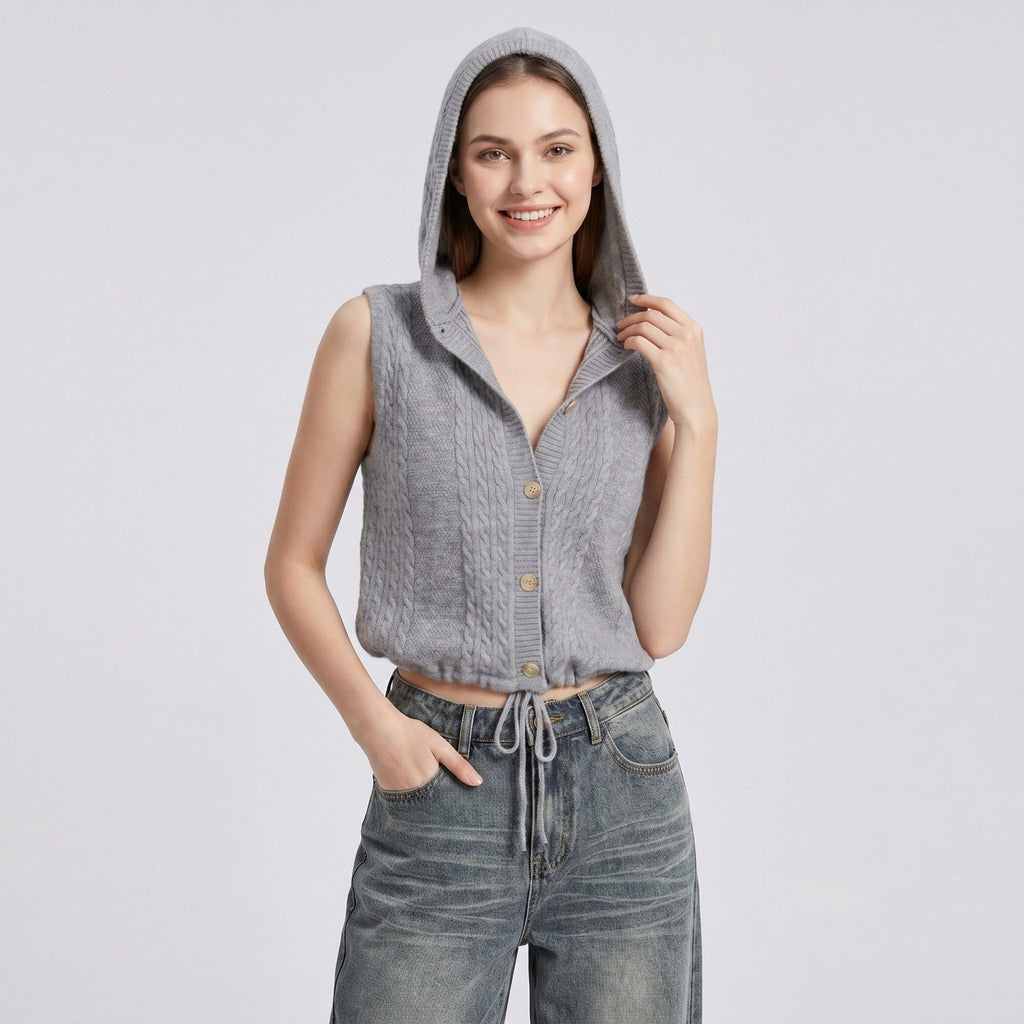 Anna-Kaci Women's Sleeveless Hooded Cable Knit Sweater Vest Top with Button Front and Adjustable Drawstring Hem