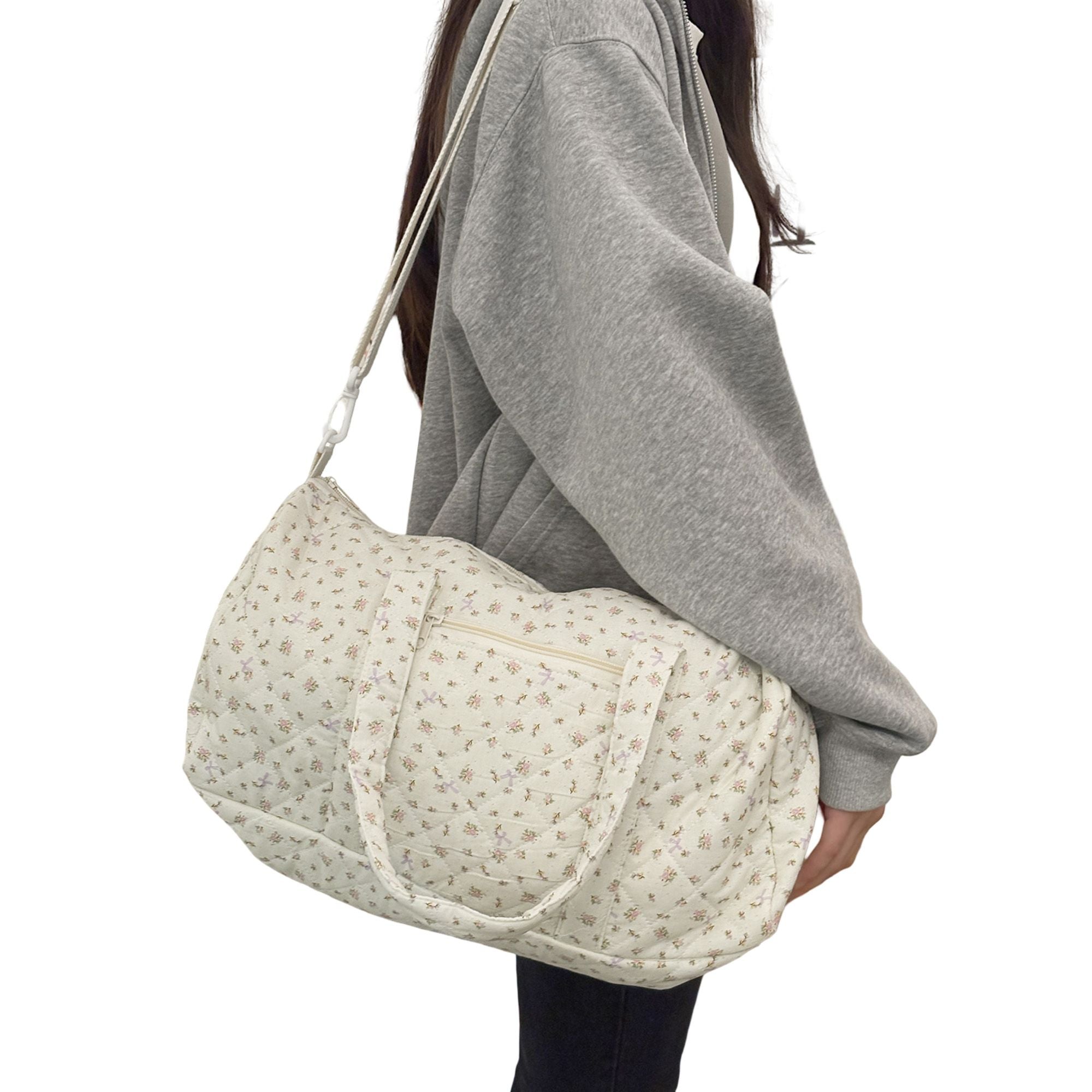 Quilted Cotton Duffel Bag with Floral Print and Double Handle Design
