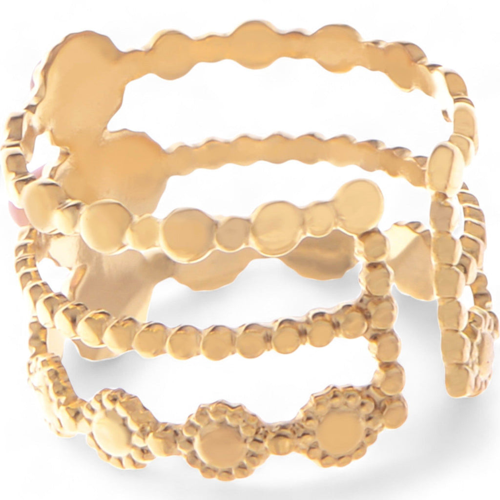 Women's Wide Statement Ring Gold Tone with Round Stone Marble-Like Stone and Textured Details
