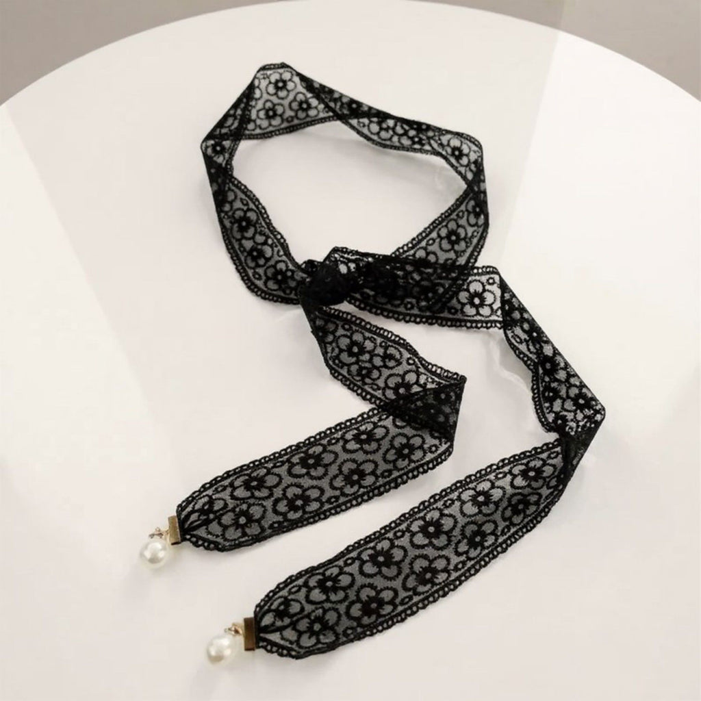 Anna-Kaci Women's Floral Lace Ribbon Belt with Oversized Bow and Pearl Drop Details 59in