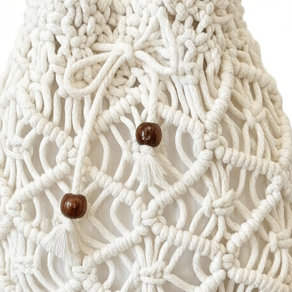 Open Knit Crochet Shoulder Bag with Drawstring Closure Lightweight Handwoven Mesh Tote Handbag