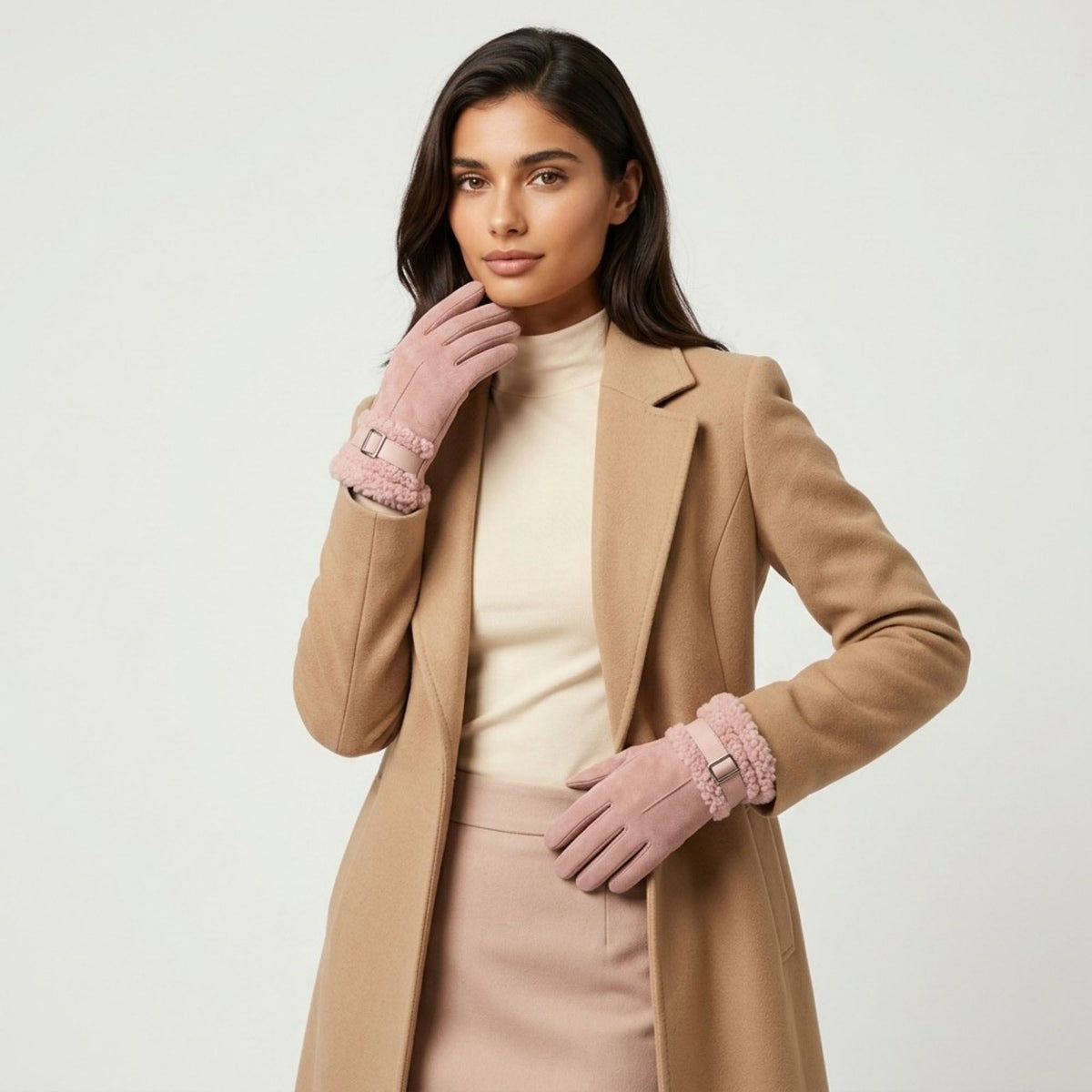 Faux Suede Gloves with Plush Faux Fur Cuffs and Buckle Detail