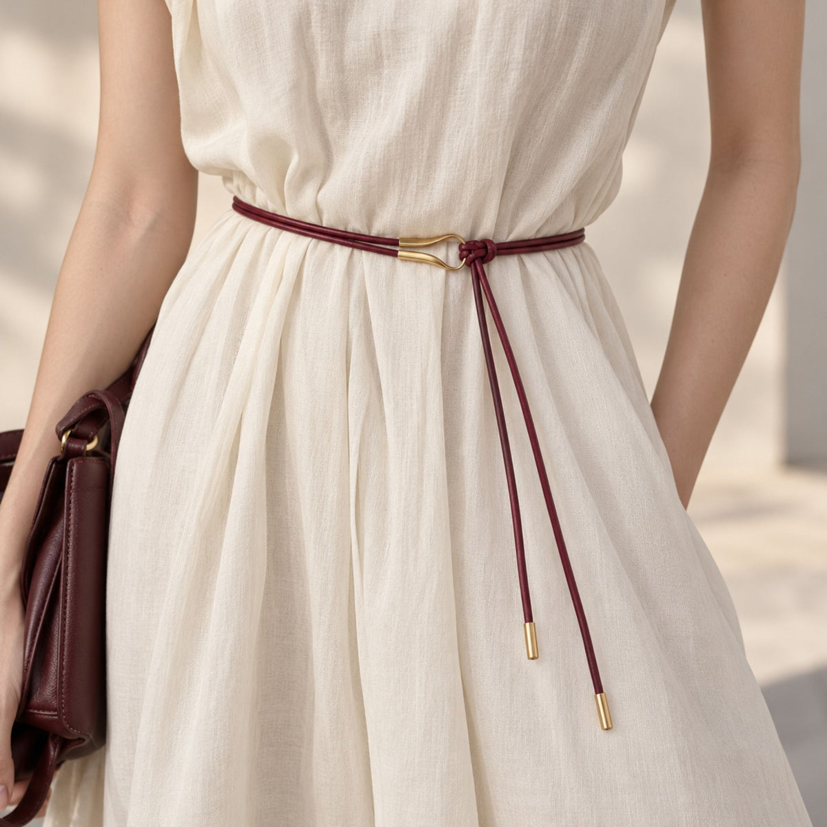 PU Leather Tie Waist Belt with Gold Tone Hook Accent 49.2in