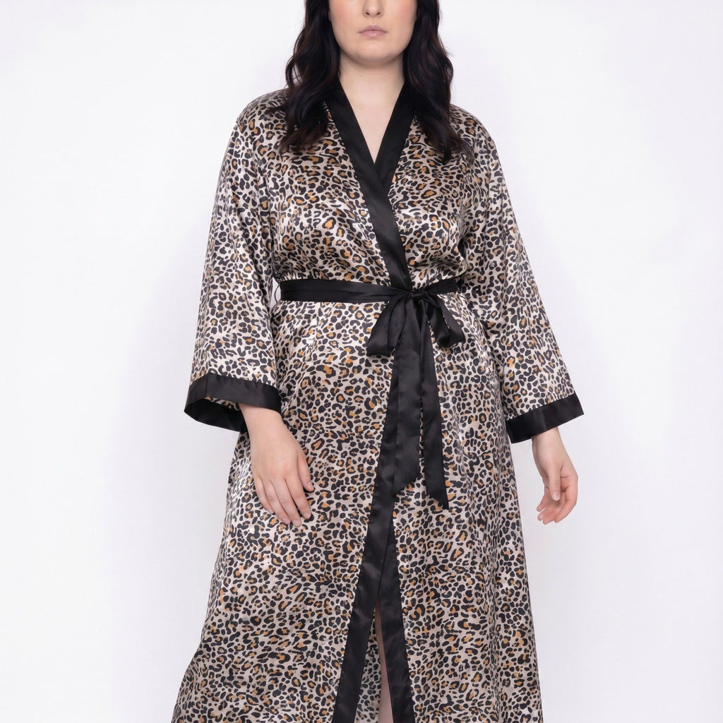 Plus Size Leopard Print Satin-Like Wrap Robe with Long Kimono Sleeves Contrast Trim and Self Tie Waist