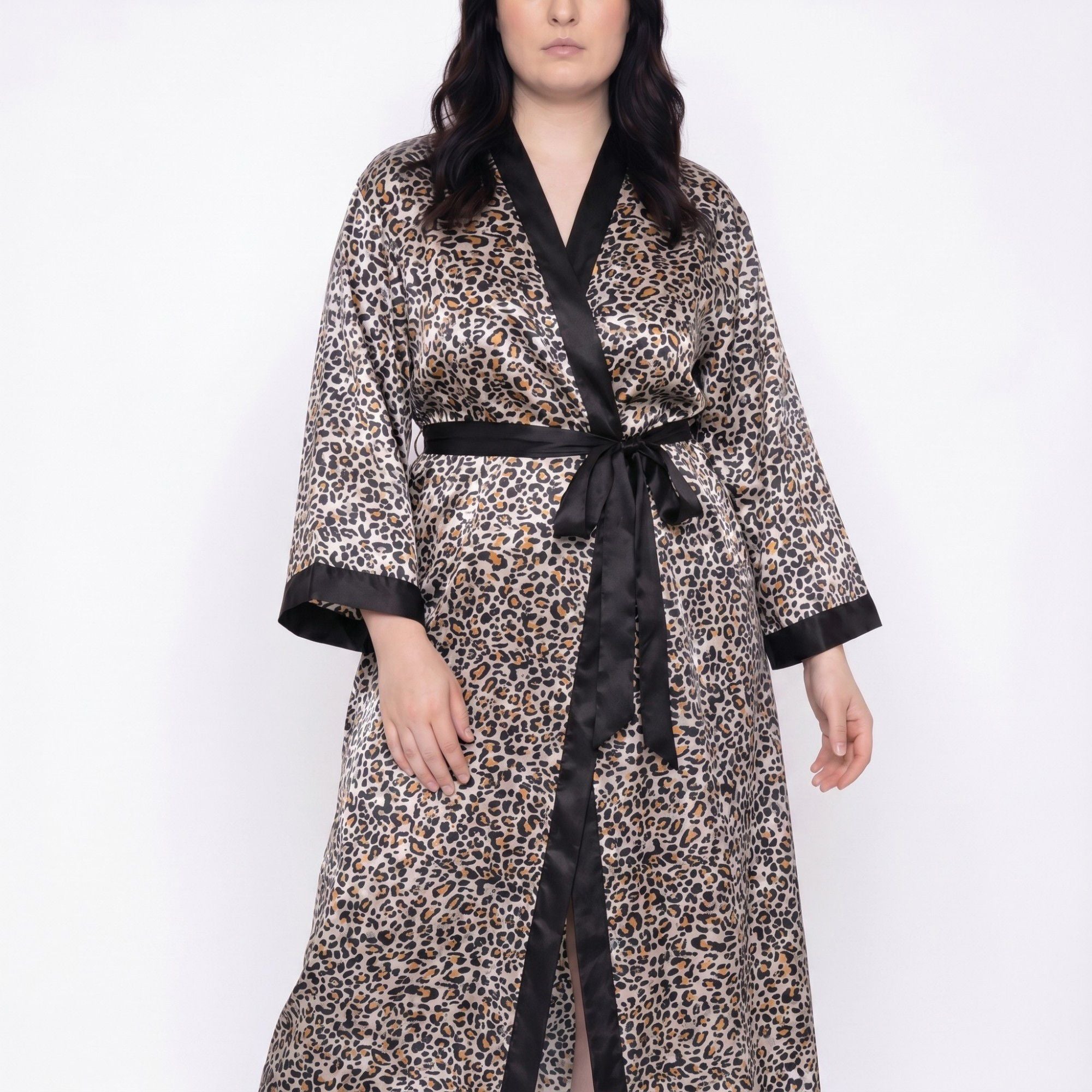 Plus Size Leopard Print Satin-Like Wrap Robe with Long Kimono Sleeves Contrast Trim and Self Tie Waist