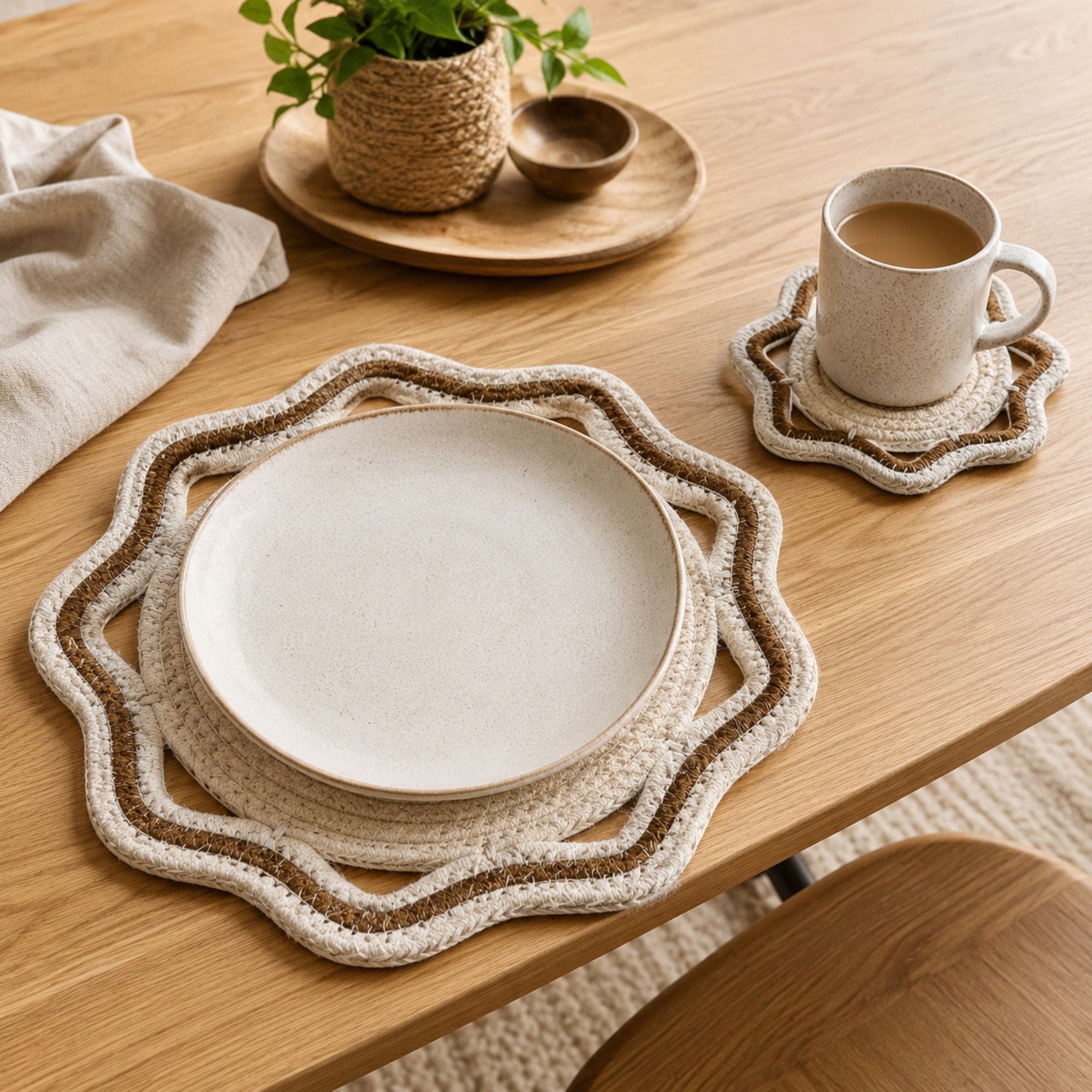 Woven Cotton Cord Octagonal Placemat and Coaster 2-Piece Set