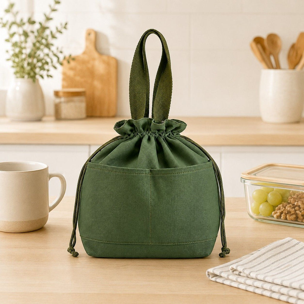 Insulated Drawstring Lunch Bag with Front Pockets Reusable Lunch Tote