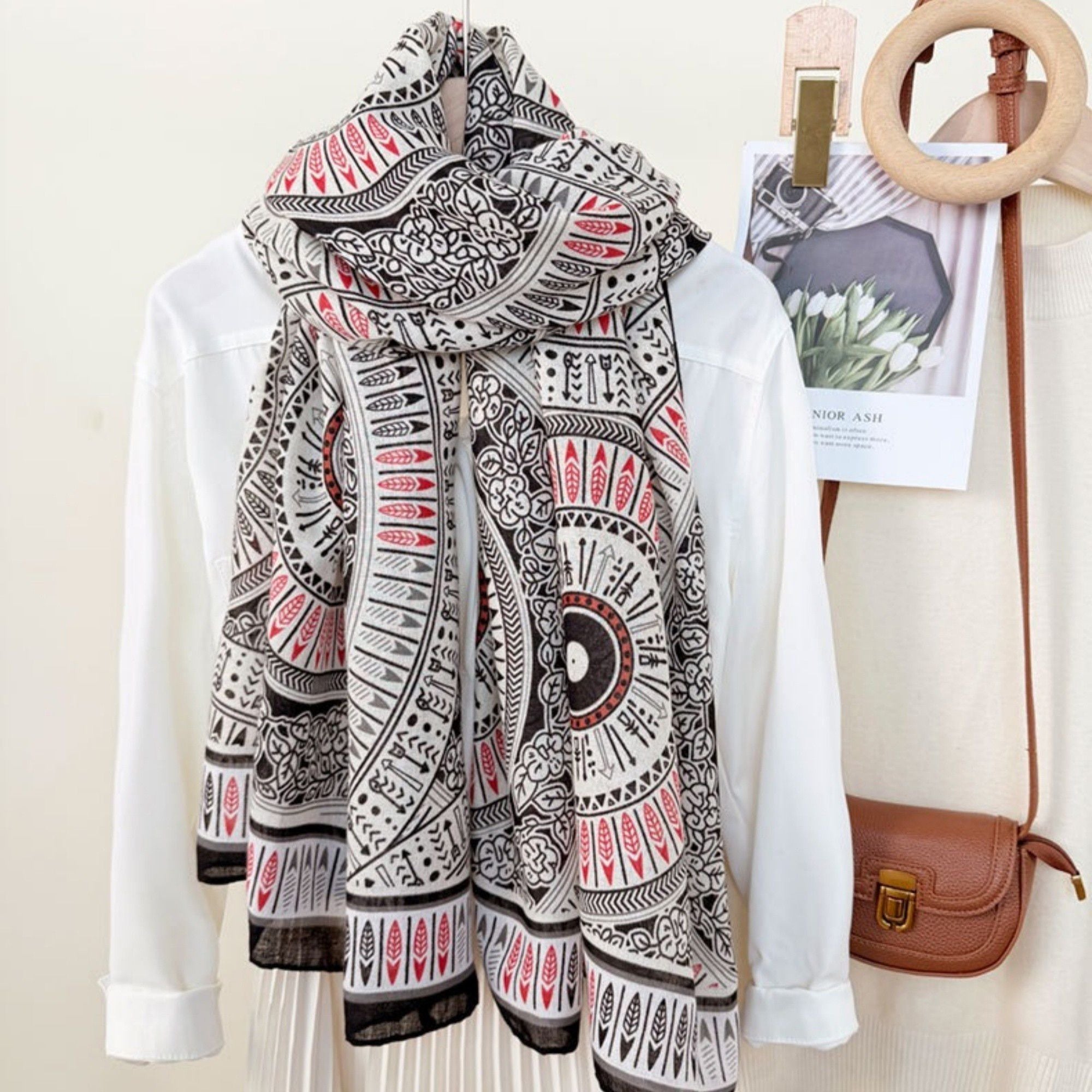 Anna-Kaci Lightweight Printed Scarf with Intricate Circular Pattern and Soft Draping Design for Stylish Everyday Layering 33.5x71in