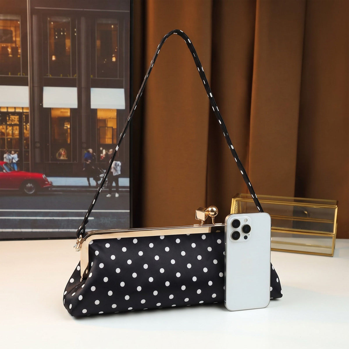 Polka Dot Satin Metal Frame Clasp Shoulder Bag Evening Clutch