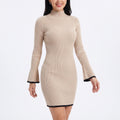 Ribbed Turtleneck Mini Sweater Dress Flare Sleeve Contrast Trim Fitted