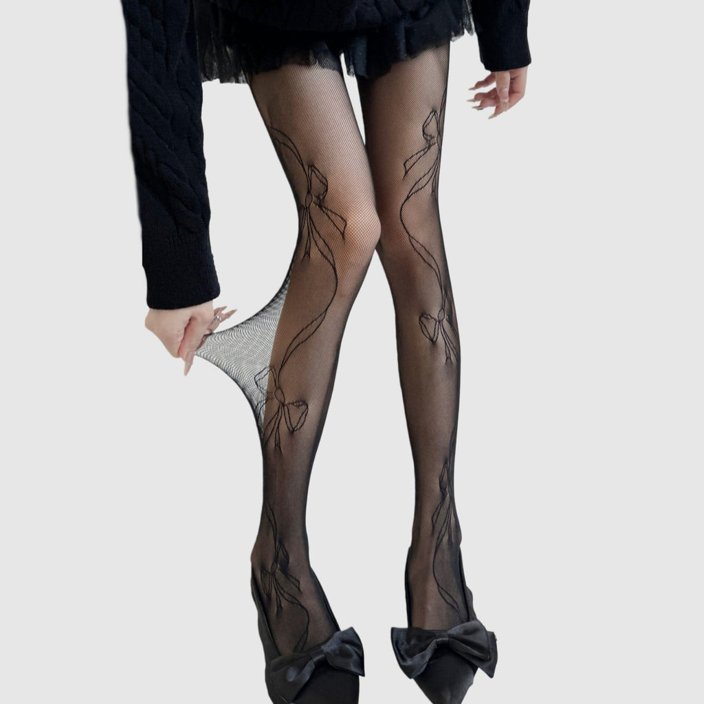 Anna-Kaci Women's Sheer Bow Line Pattern Tights with Soft Stretch Mesh, Delicate Ribbon Artwork, and Smooth Knit Finish One Size Fits Most