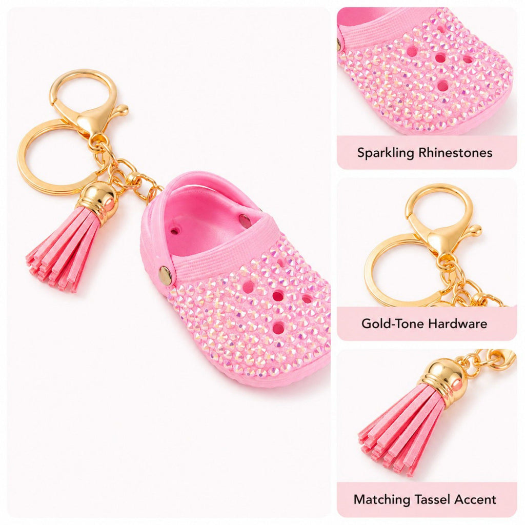 Rhinestone Mini Clog Keychain Bag Charm with Tassel Gold Tone Clip and Key Ring