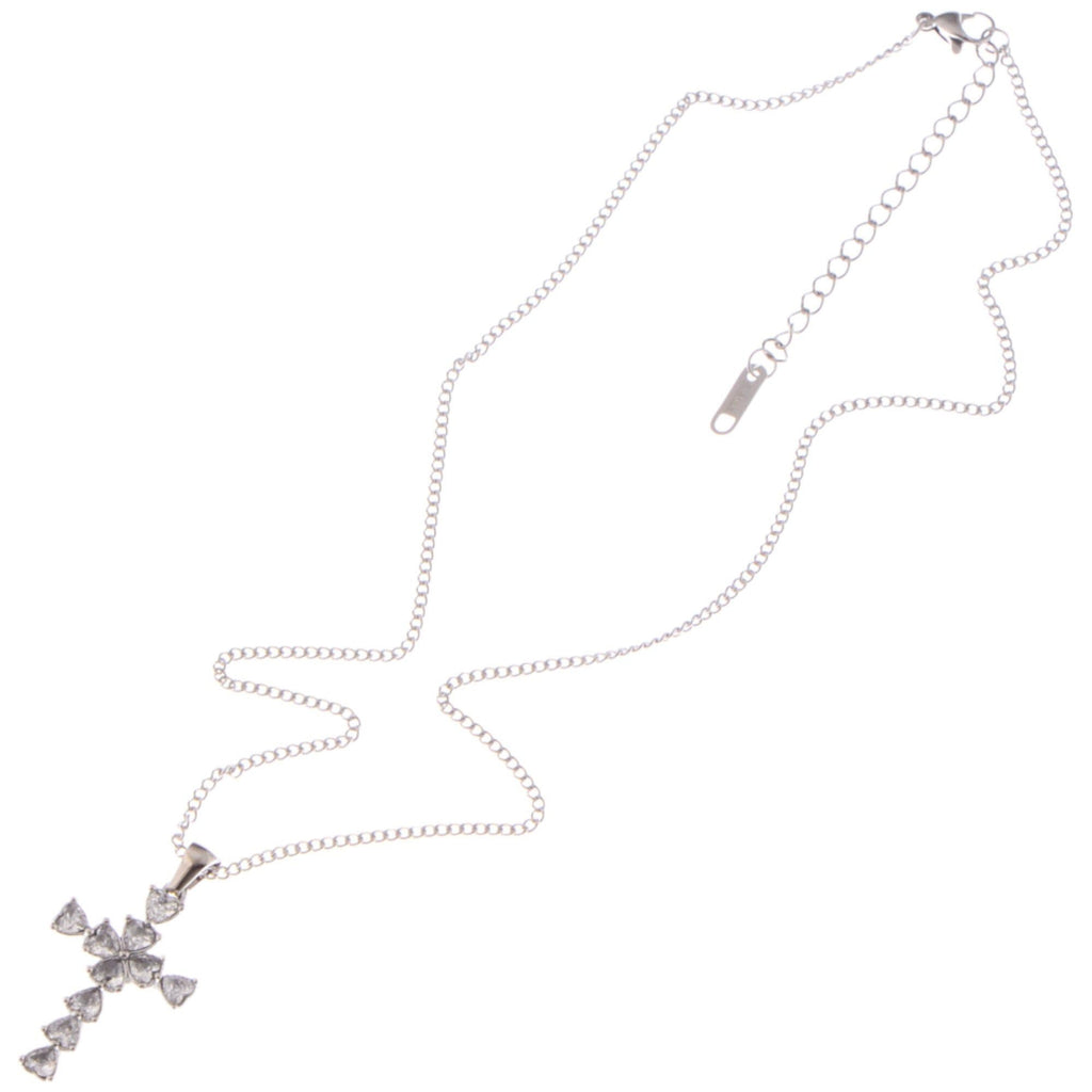 Silver Tone Cross Pendant Fashion Style Necklace with Heart-Shaped Gemstone Accents