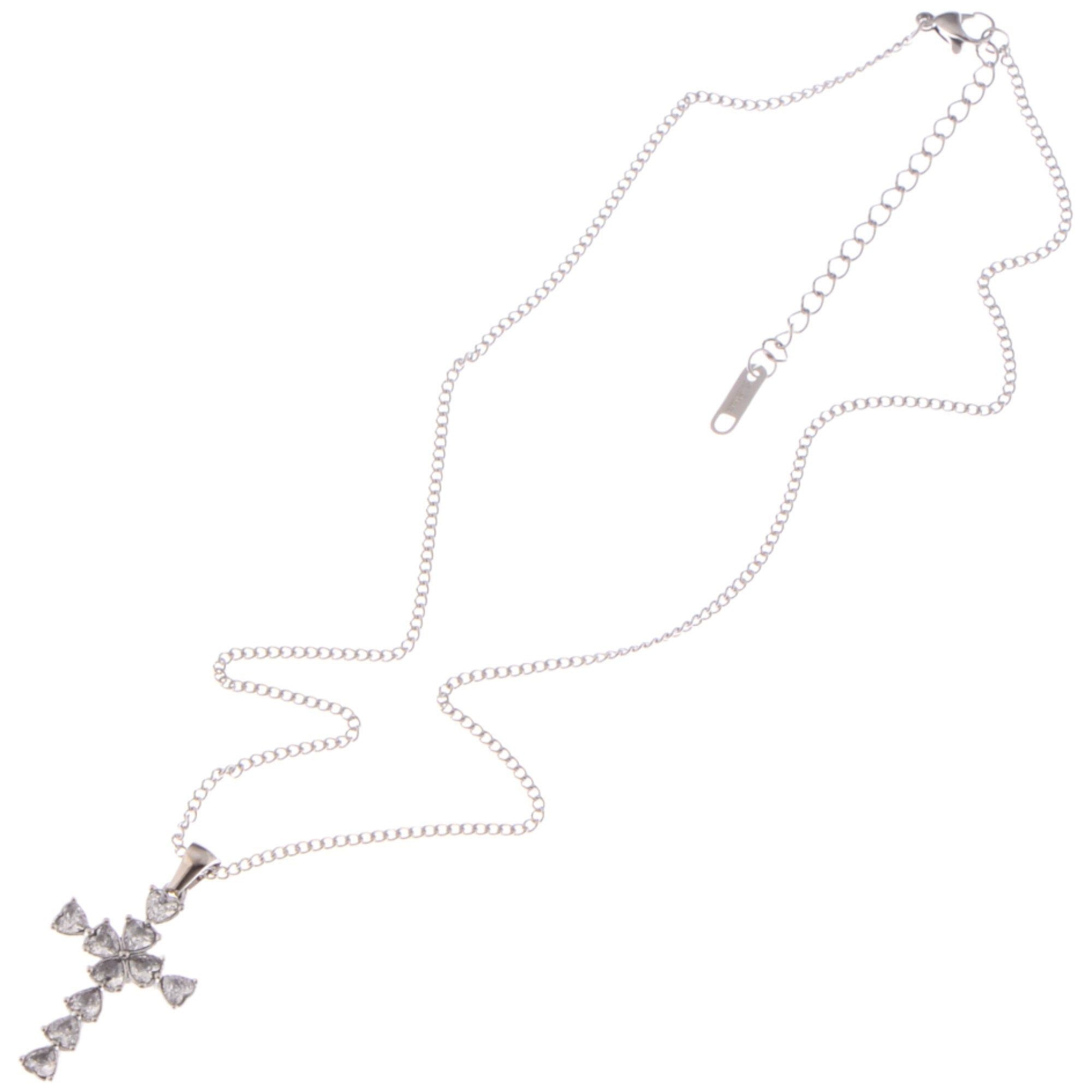 Silver Tone Cross Pendant Fashion Style Necklace with Heart-Shaped Gemstone Accents