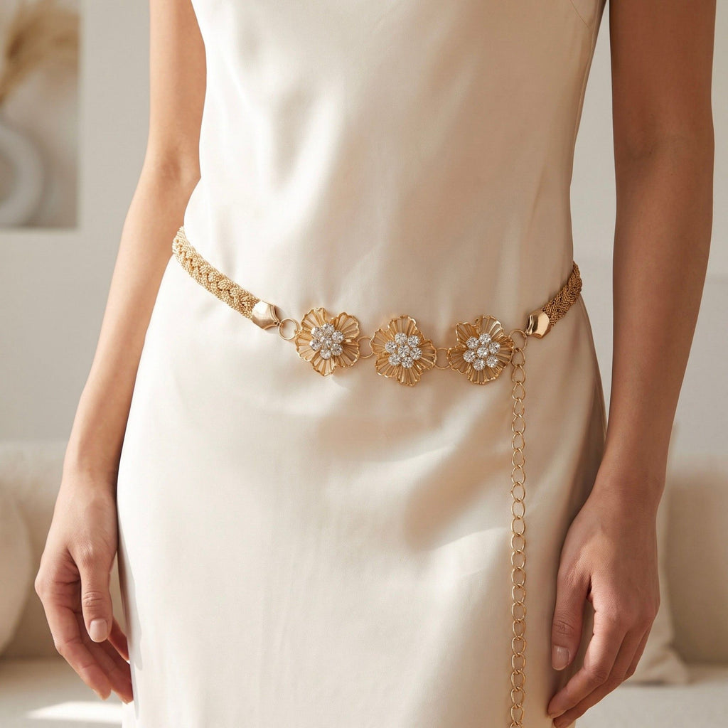 Triple Floral Braided Metal Waist Belt Adjustable Vintage Floral Statement Waist Jewelry 43.3in
